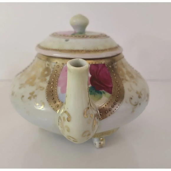 Vintage‎ Hand Painted Pink Gold Floral Footed Teapot & Creamer - Picture 8 of 14